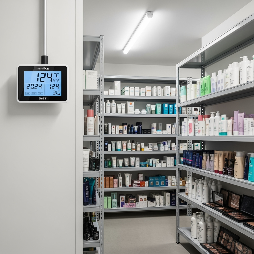 Temperature monitoring system in beauty supply storage unit