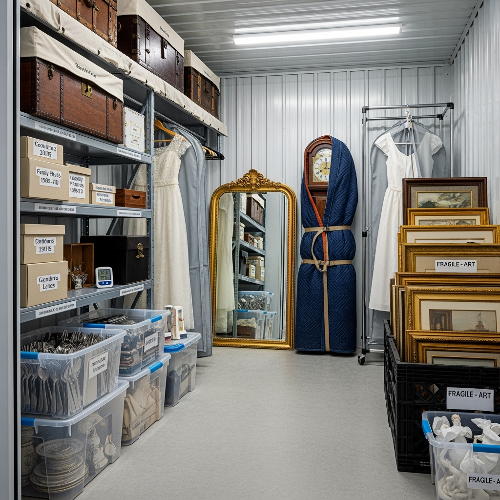 Climate-controlled storage unit with properly stored family heirlooms