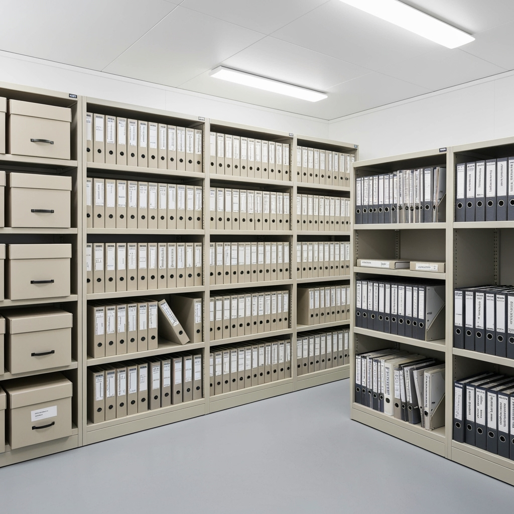 Organized filing cabinets and document storage boxes in climate-controlled storage