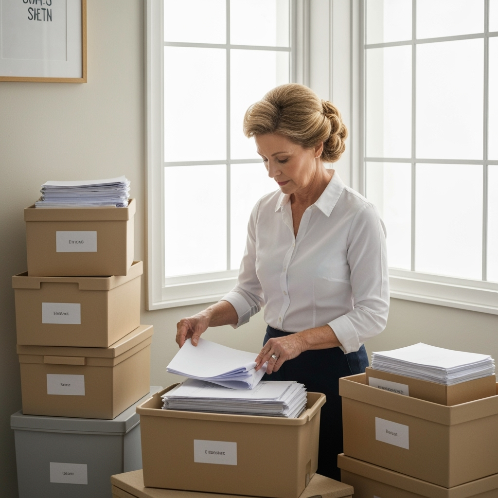 Organizing home office supplies for storage