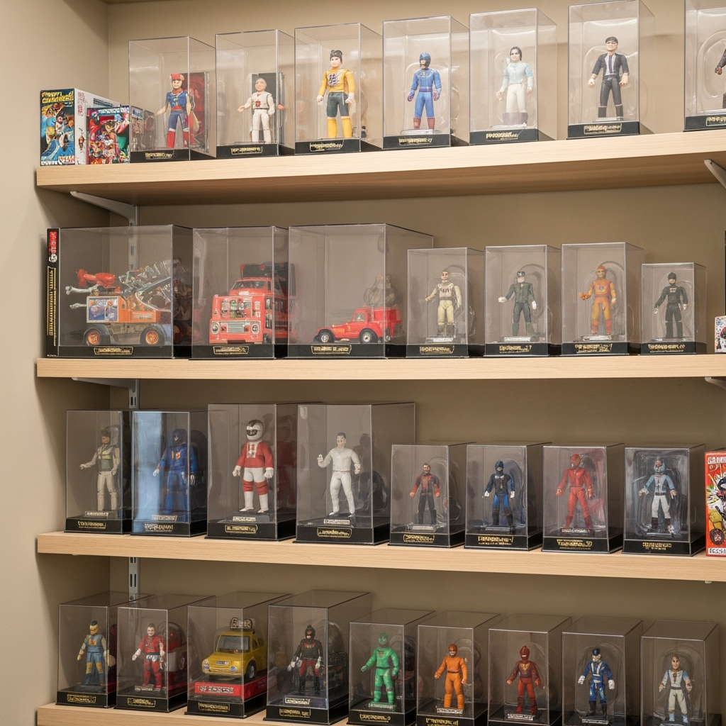 Organized storage shelves with protected collectibles