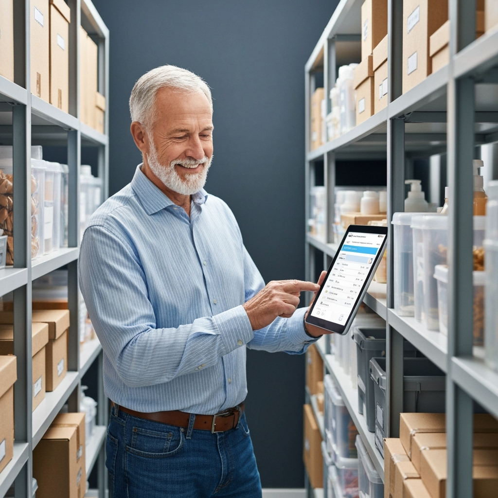 Business owner managing inventory in storage unit