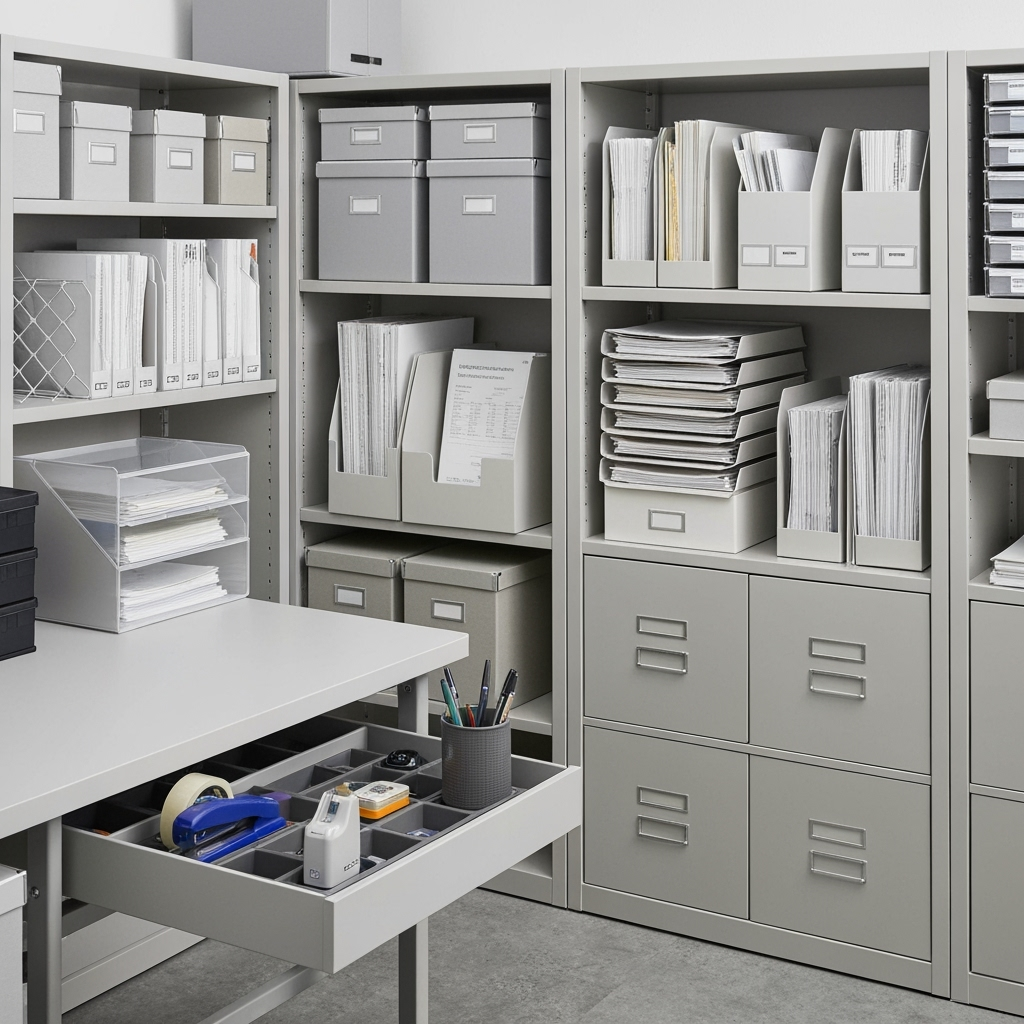 Organized storage solutions for business equipment and documents