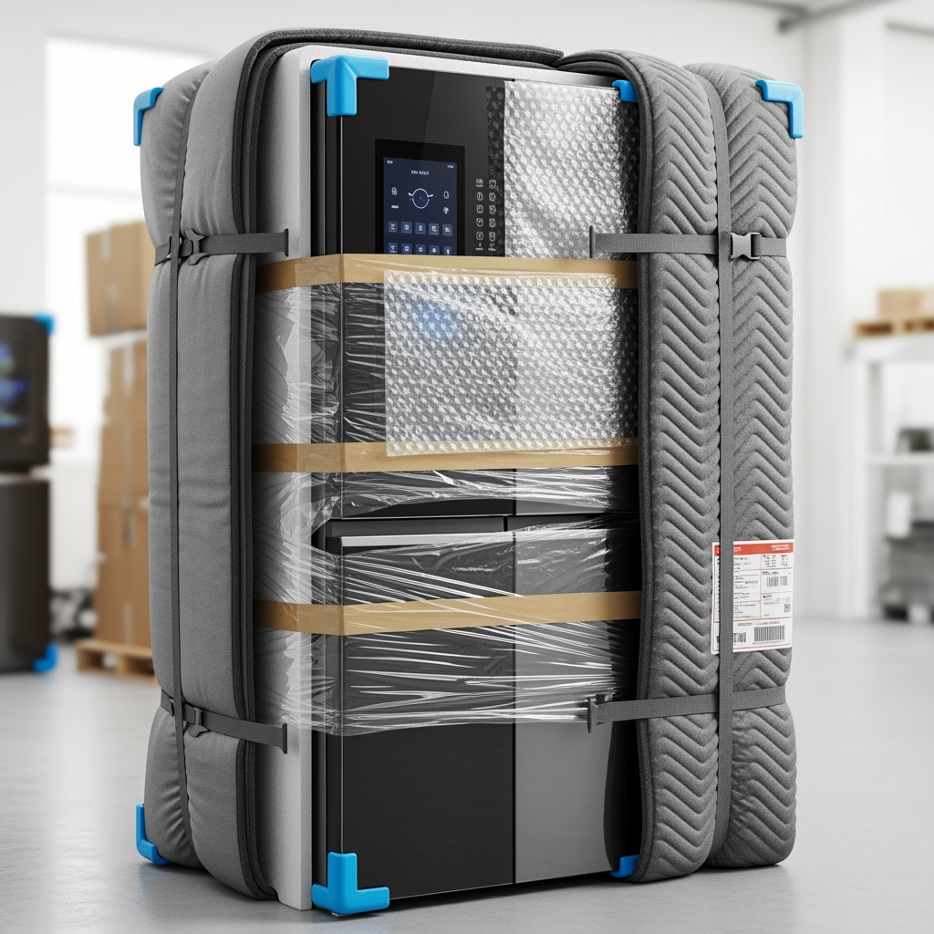 Smart refrigerator being properly wrapped for storage protection