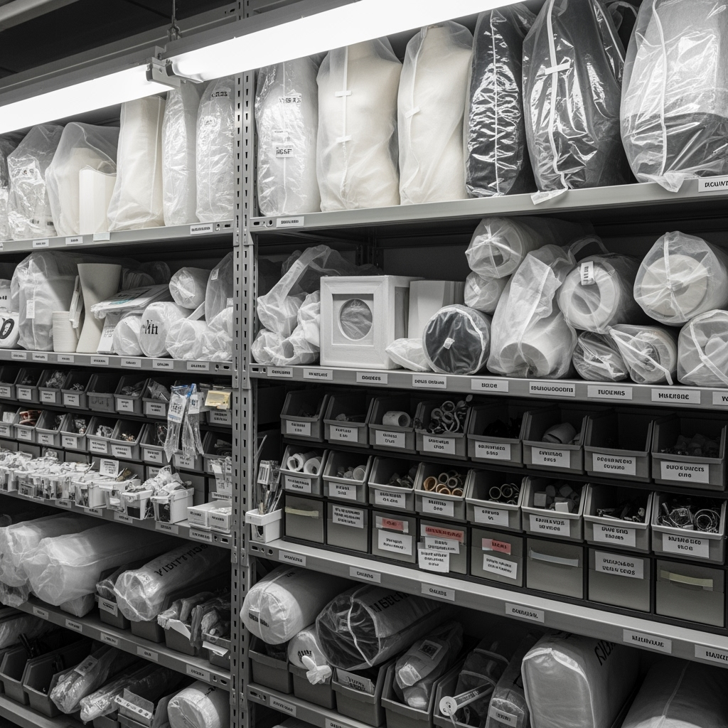 Detailed view of organized retail visual merchandising storage systems