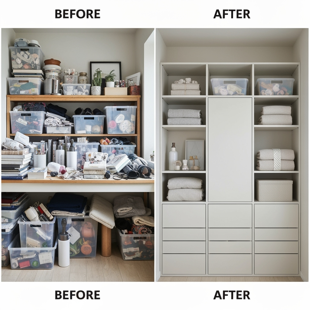 Before and after transformation of an organized storage space