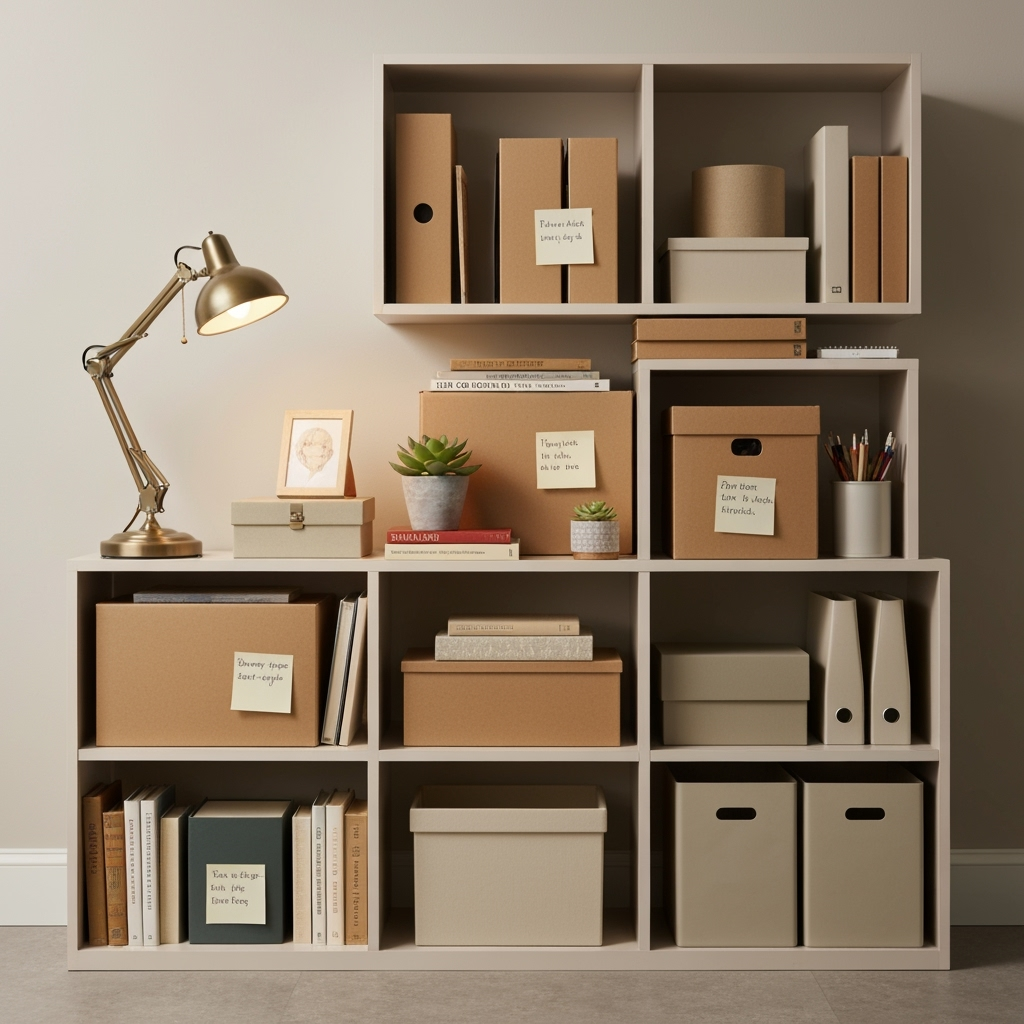 Well-organized storage unit with memorabilia boxes and office supplies