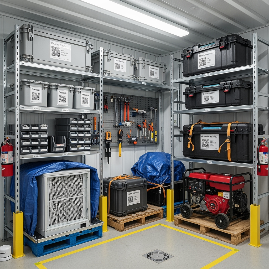Organized business storage unit with properly stored equipment and inventory