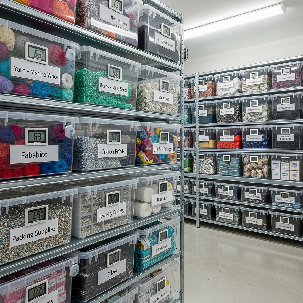 Climate-controlled storage bins with craft supplies