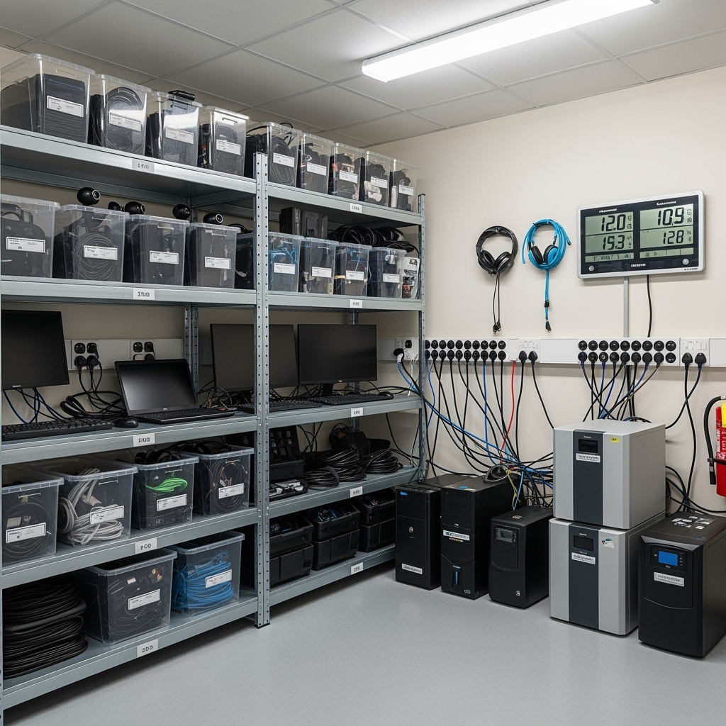 Remote work equipment safely stored with backup power solutions and surge protection in a clean storage environment