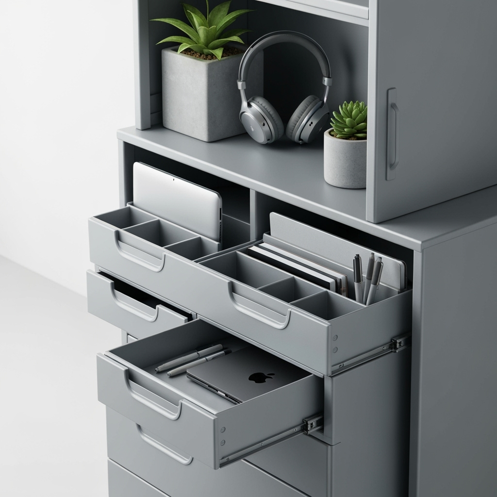 Organized storage system for hybrid work equipment