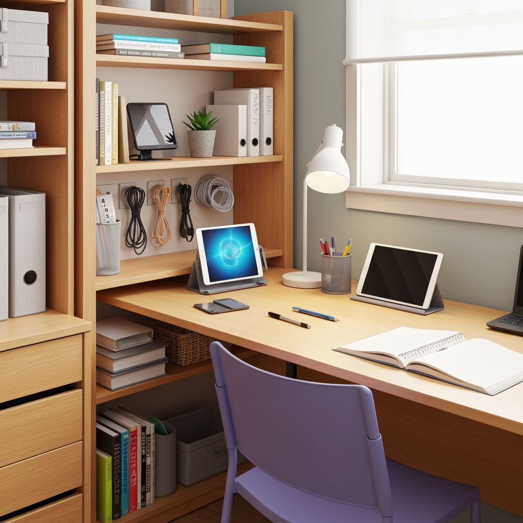 Organized tech storage solutions in a dorm room