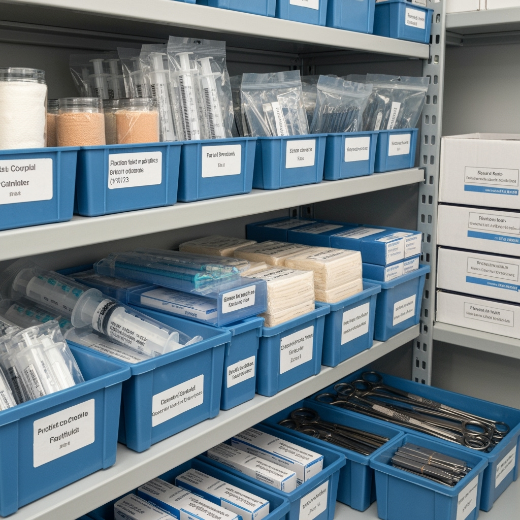 Properly labeled and organized medical supplies in storage