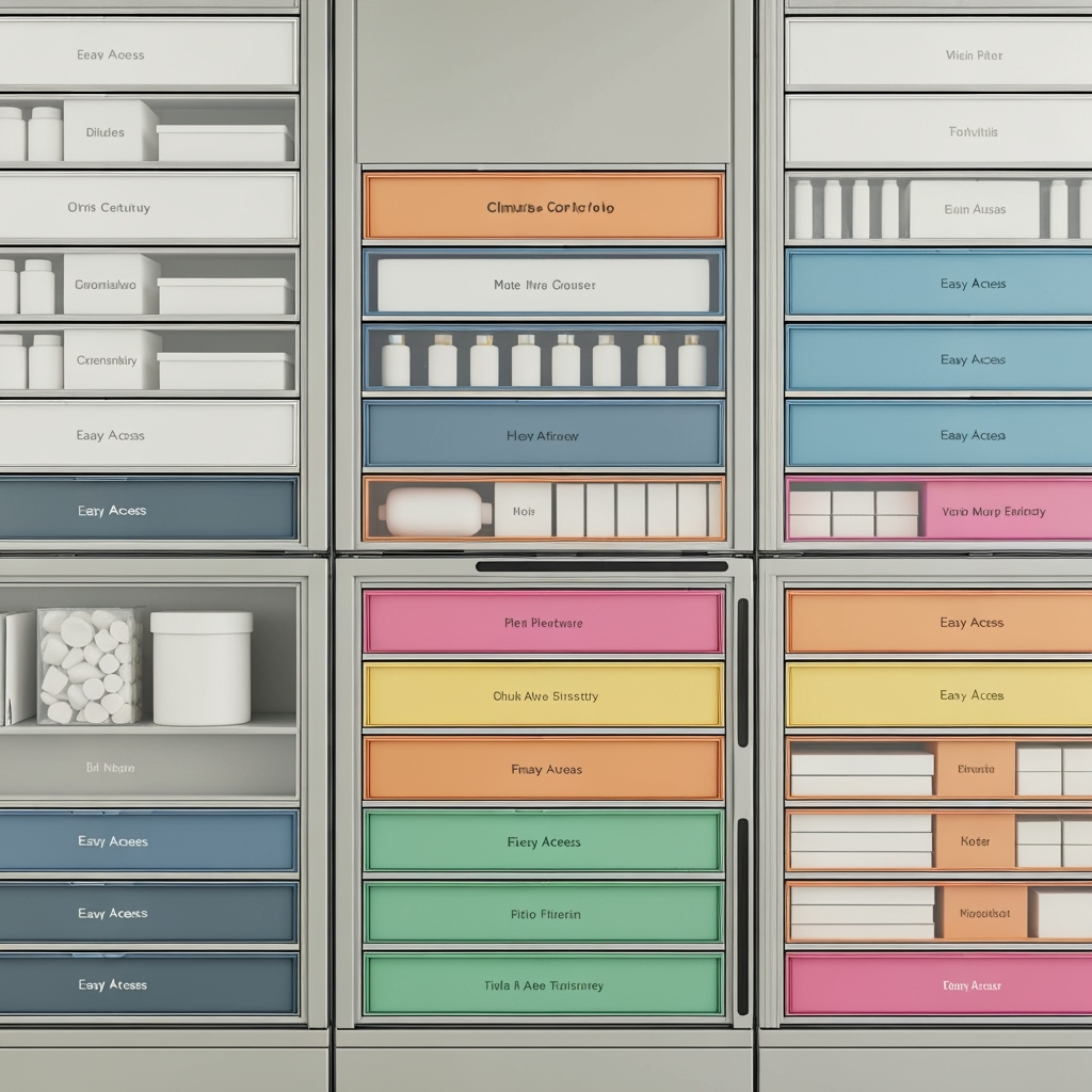 Climate-controlled storage area with organized office supplies