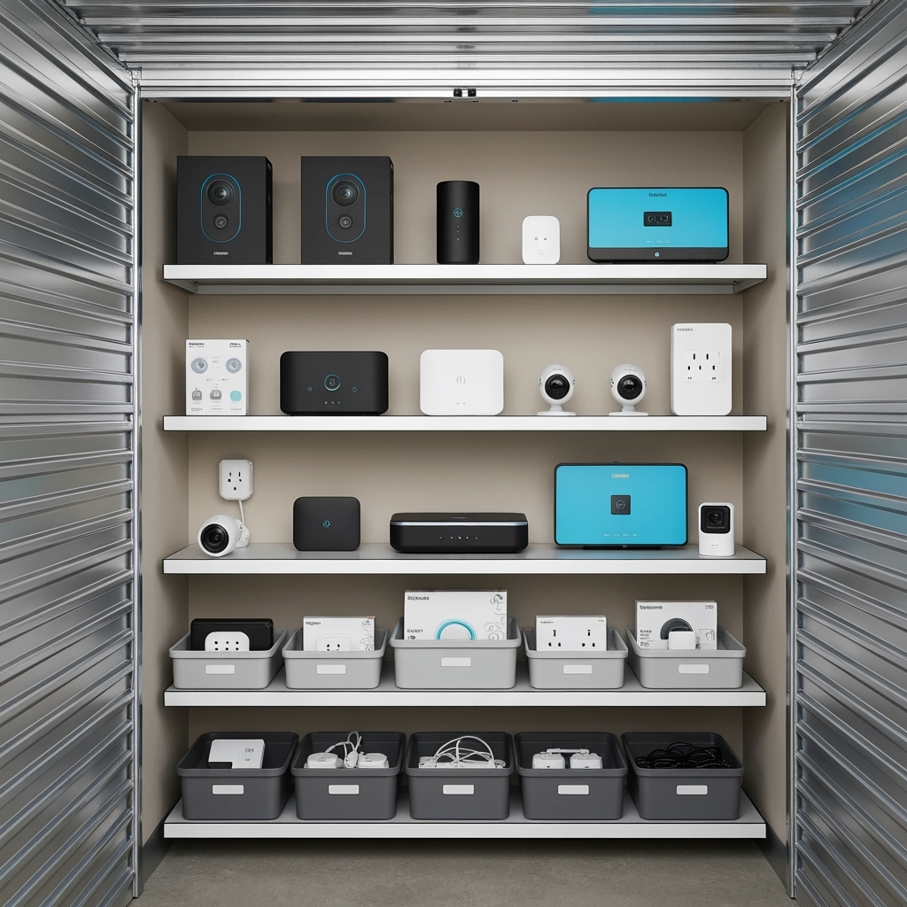 Climate-controlled storage unit with properly stored smart home equipment