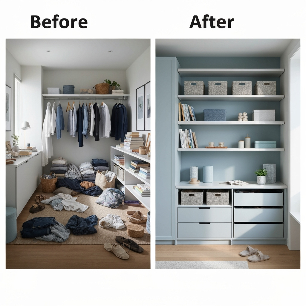 Before and after transformation of a cluttered space into an organized room