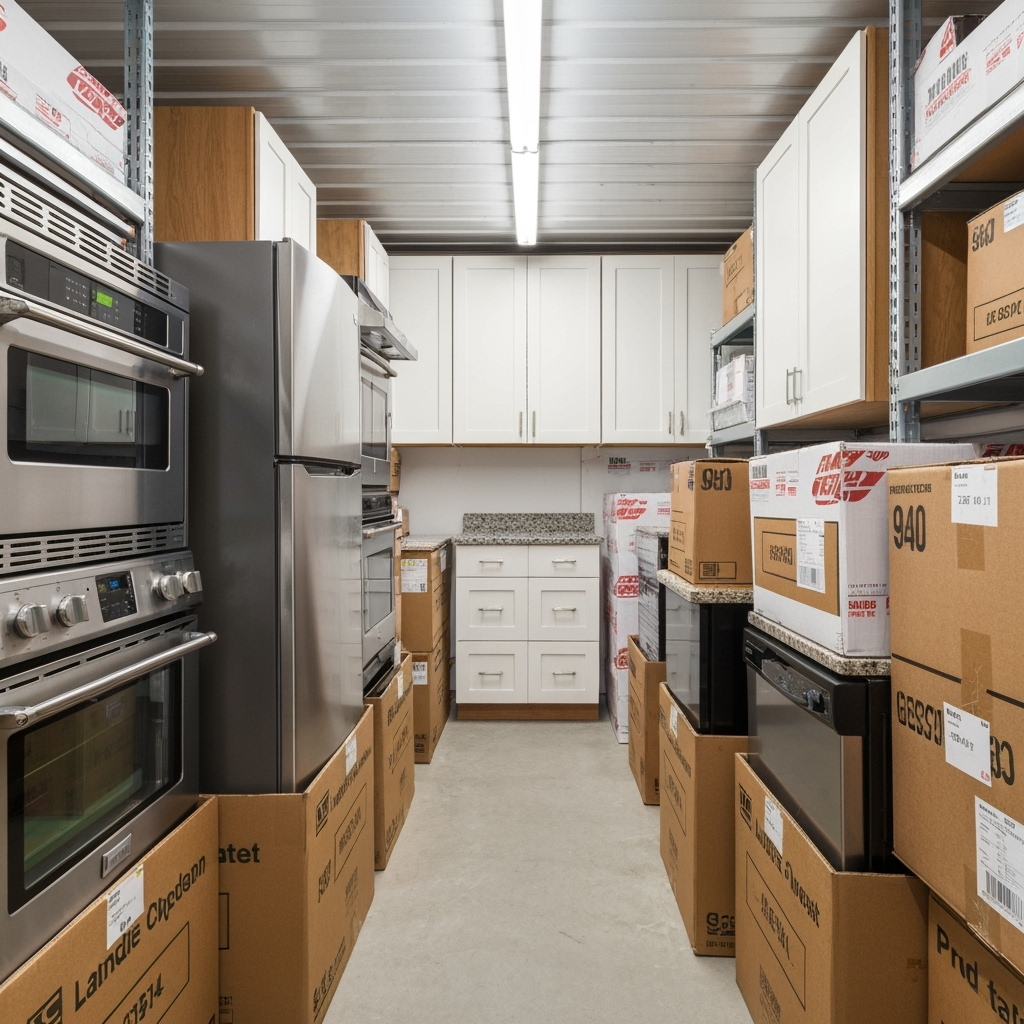 Organized storage unit with kitchen appliances and cabinets