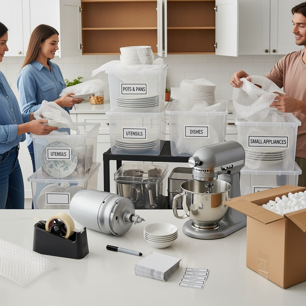 Kitchen items being packed for storage