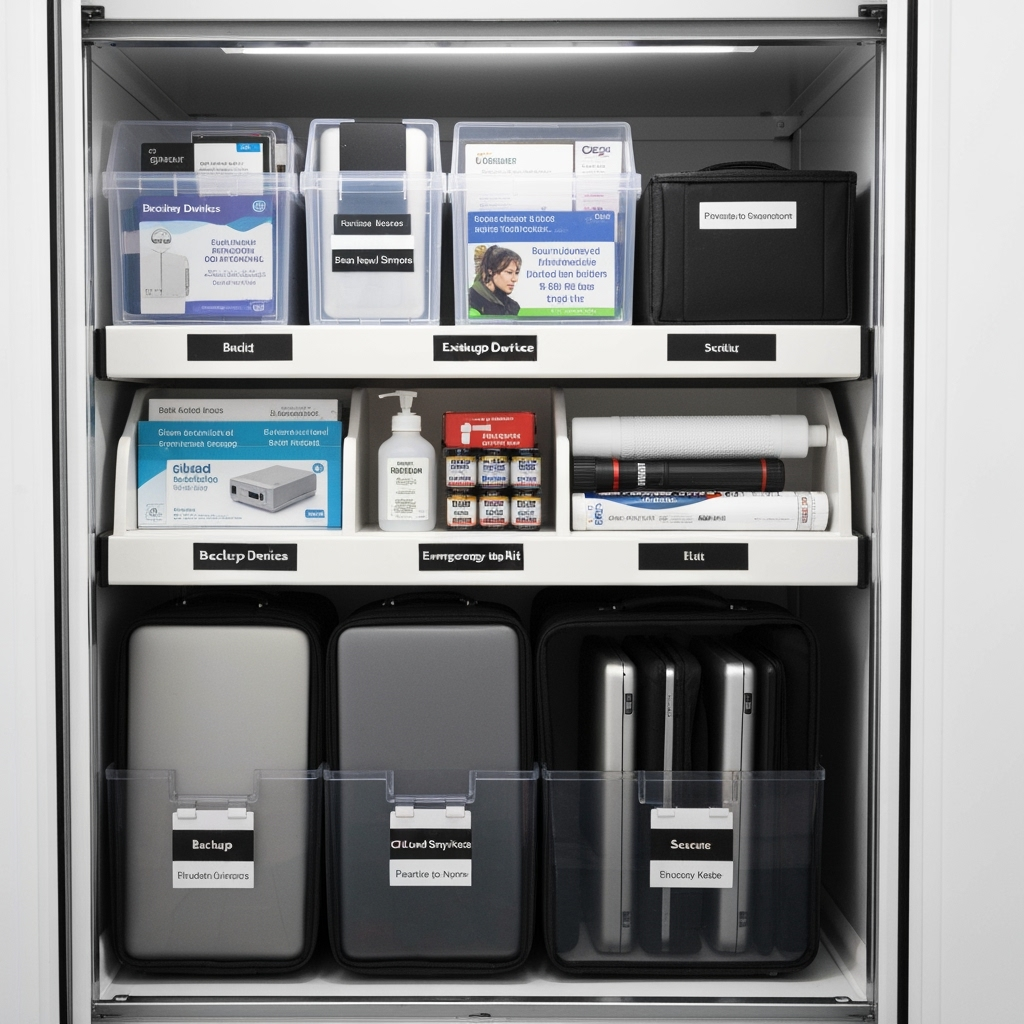 Organized storage unit with remote work equipment and emergency supplies