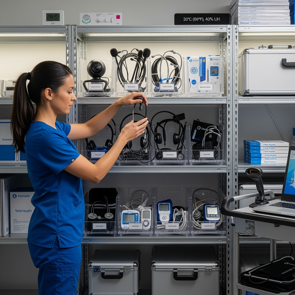 Medical professional organizing telehealth equipment in climate-controlled storage