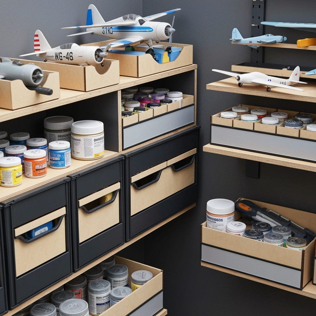 Detailed hobby equipment storage solutions and organization