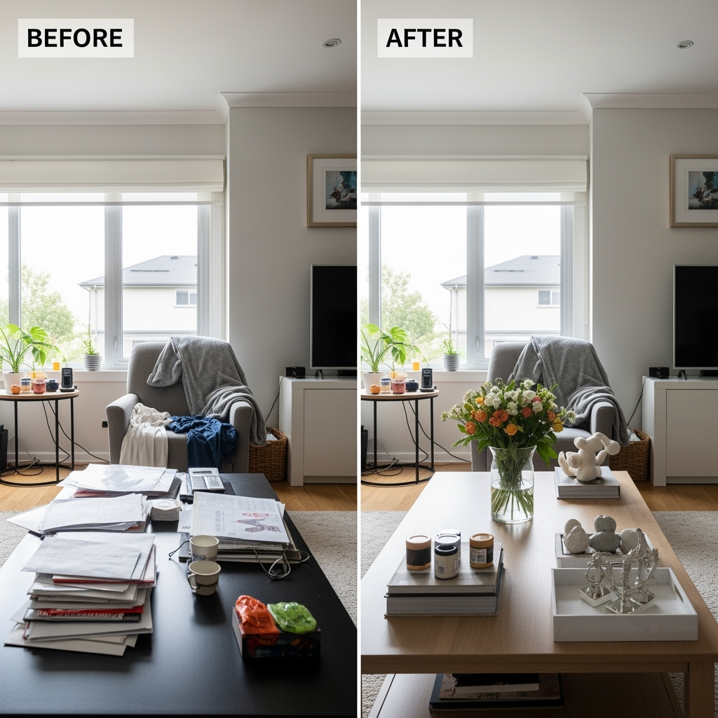 Before and after comparison of cluttered vs decluttered home interior