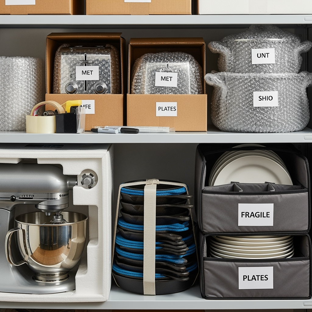 Properly packed kitchen appliances in storage