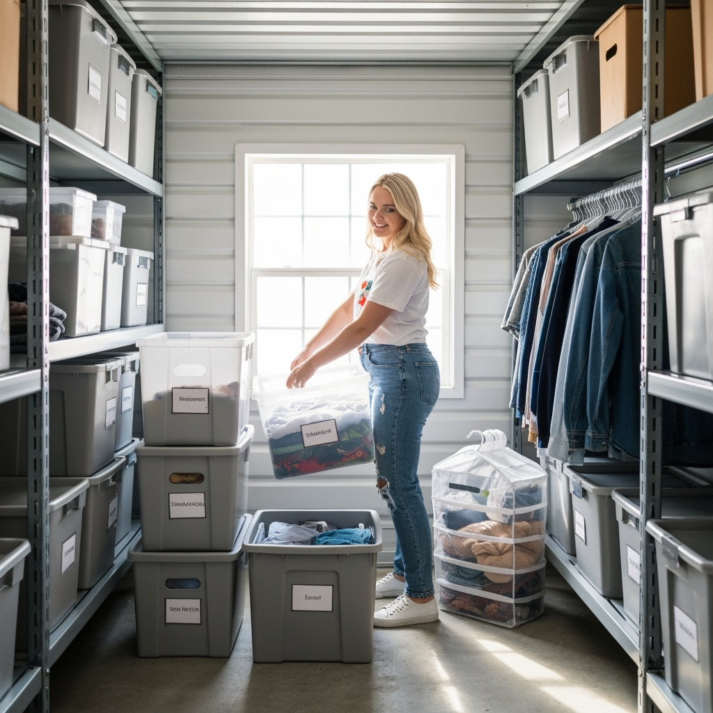 Retail owner organizing seasonal inventory in storage unit