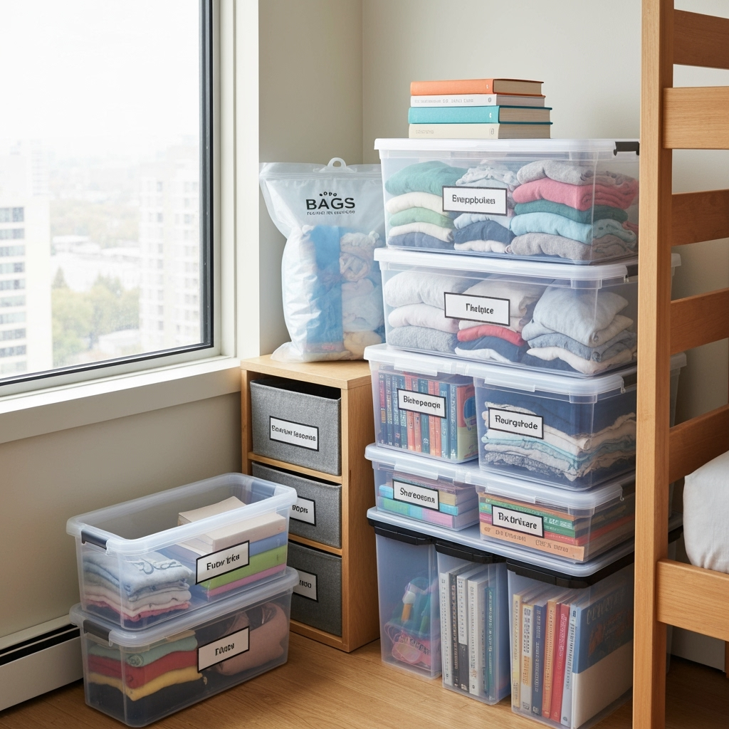 Practical college storage solutions including vacuum bags and labeled containers