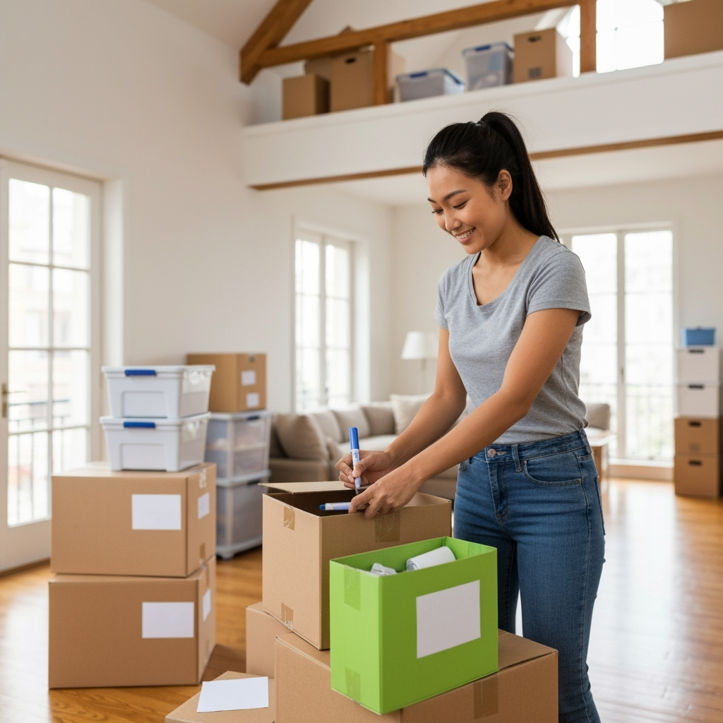 Person organizing and labeling moving boxes in an apartment