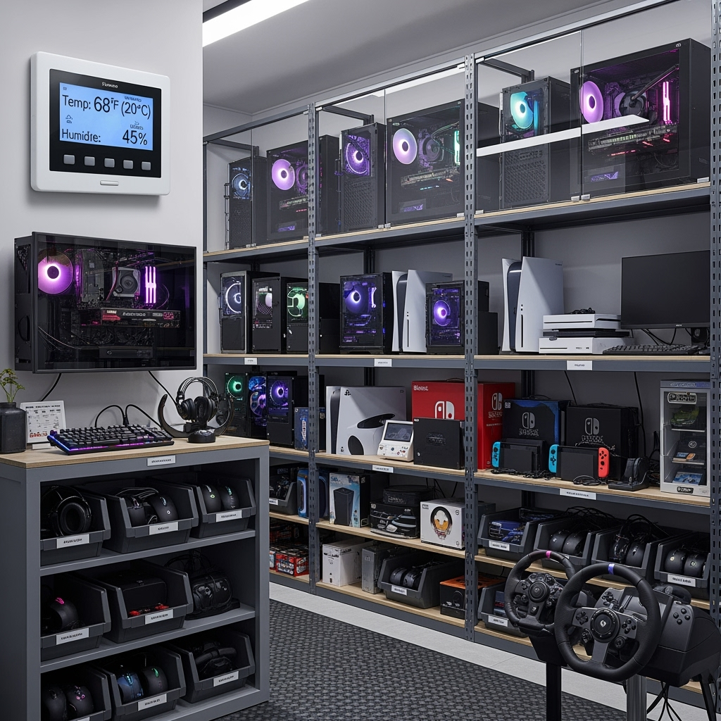 Climate-controlled storage space with gaming equipment