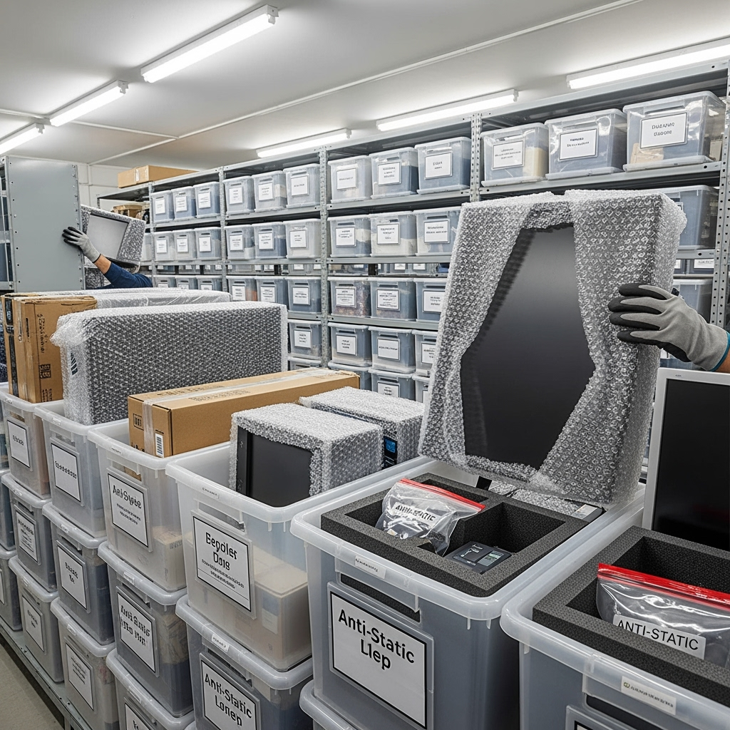 Protected computer equipment in professional storage bins within a climate-controlled unit