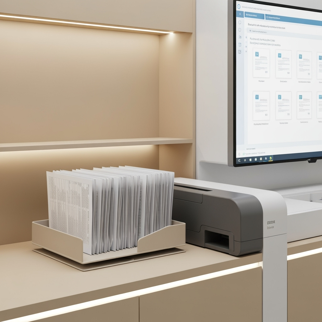 Modern document scanning station with organized filing system