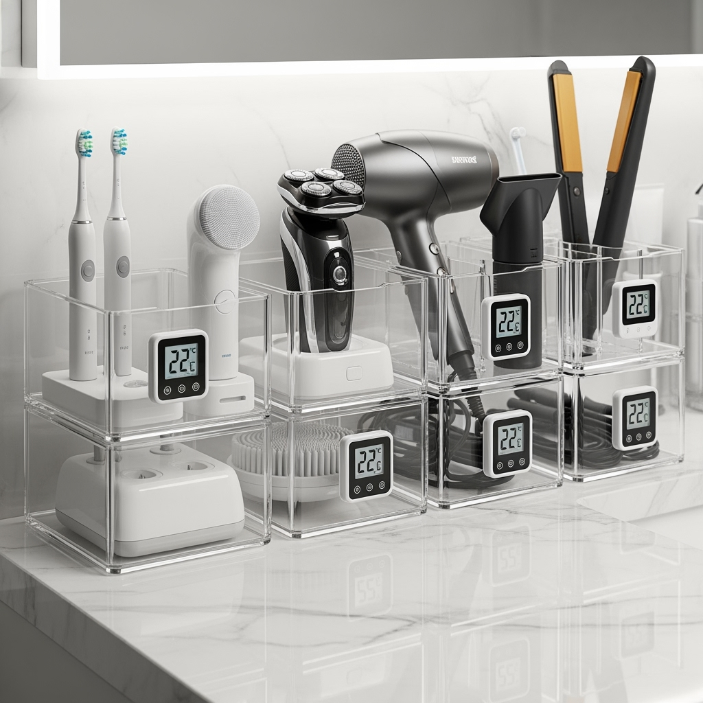 Organized storage containers with temperature monitoring for bathroom electronics and personal care items