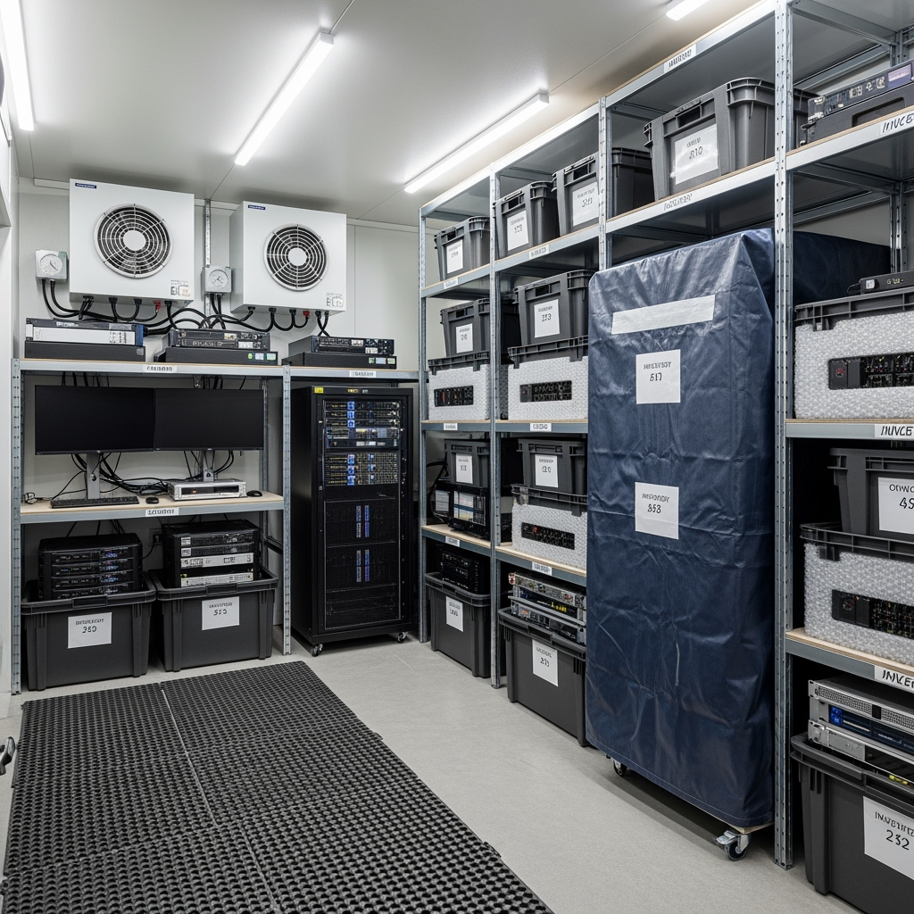 Organized storage unit with professional tech equipment storage features
