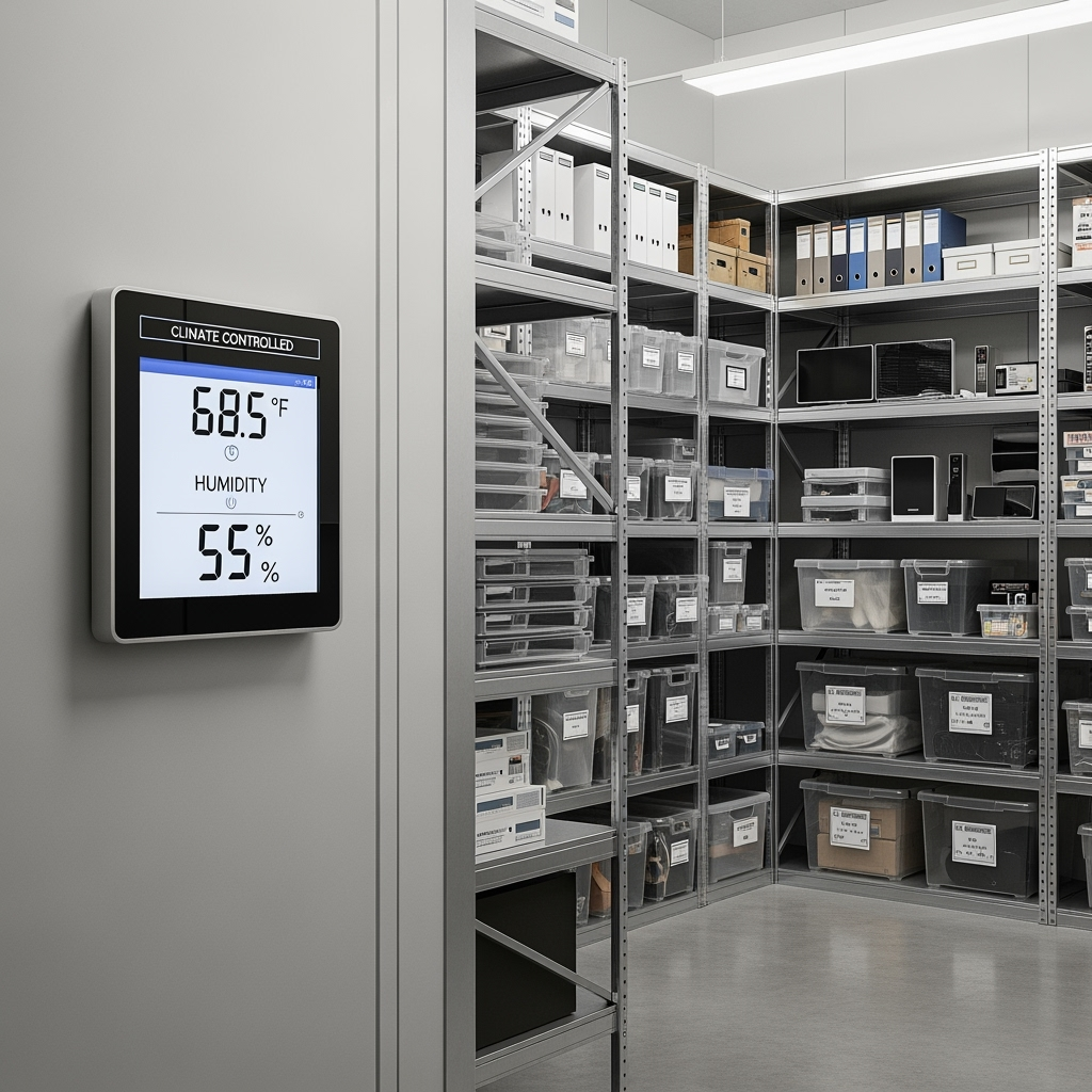 Climate control monitor displaying temperature and humidity readings