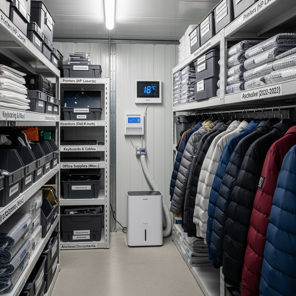 Organized storage unit showing temperature control measures and professional packing materials