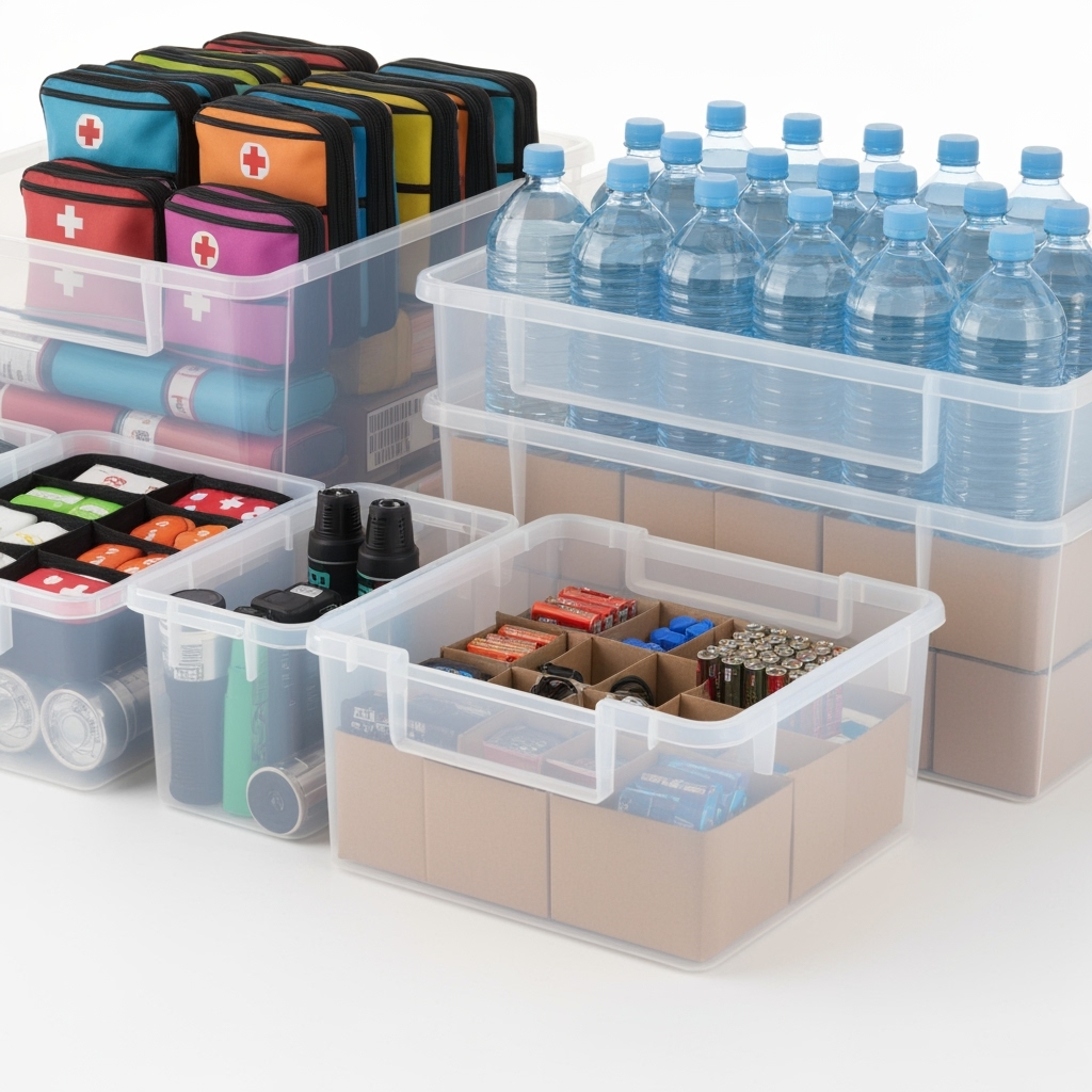 Organized emergency supplies in storage bins with clear labels