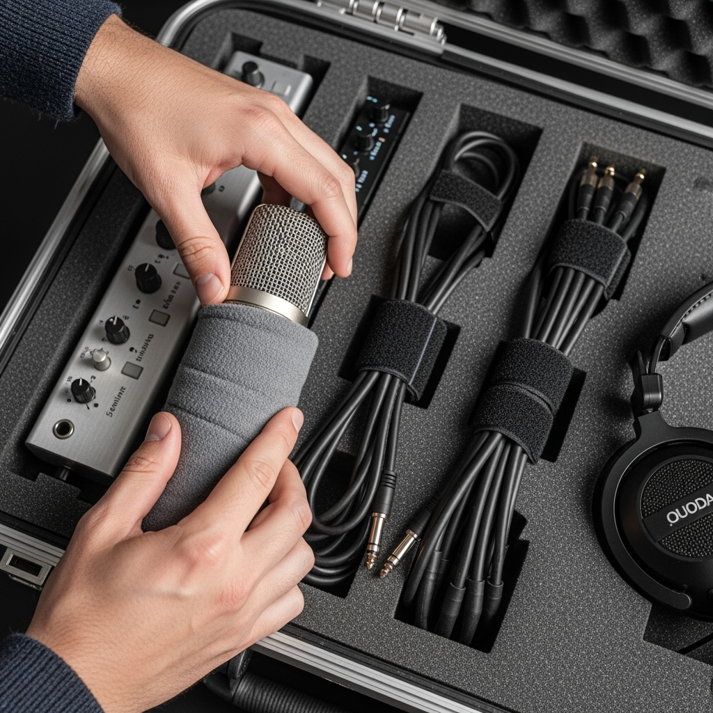 Detailed view of properly stored audio equipment with protective wrapping