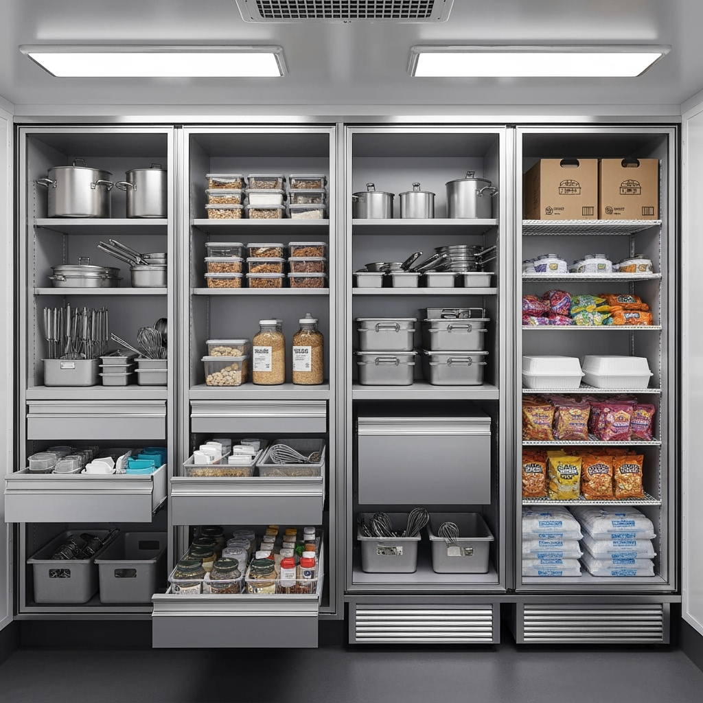 Organized zones in a food truck storage unit
