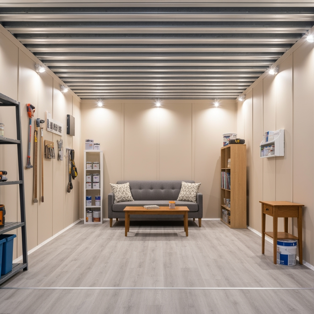 Organized interior of a storage pod with renovation materials