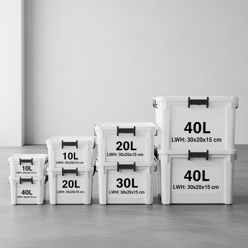 Various sizes of storage containers with dimensions