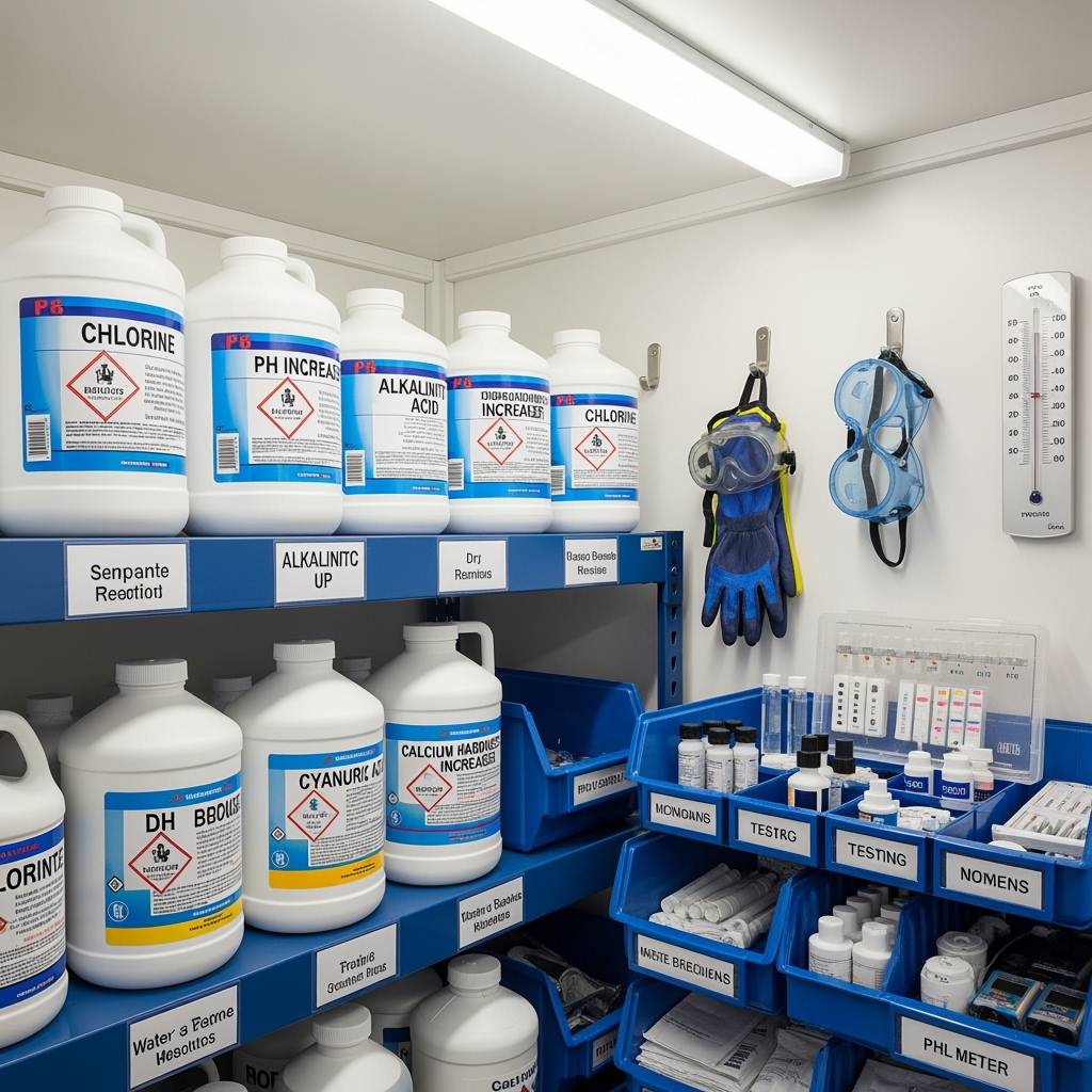 Proper storage of pool chemicals and testing equipment