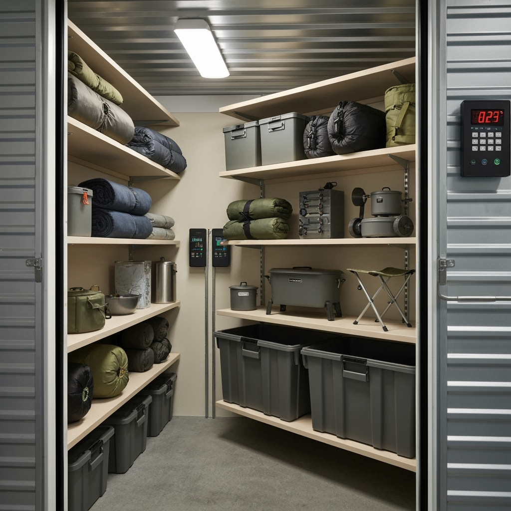Climate-controlled storage unit with properly stored camping equipment