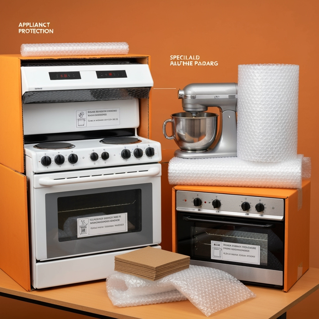 Detailed view of properly wrapped and protected kitchen appliances