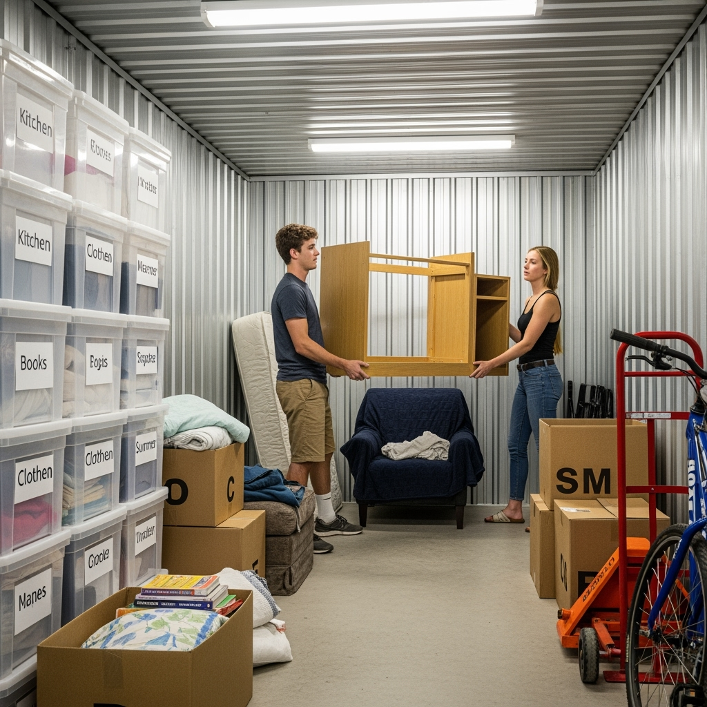 Roommates organizing belongings together in storage unit