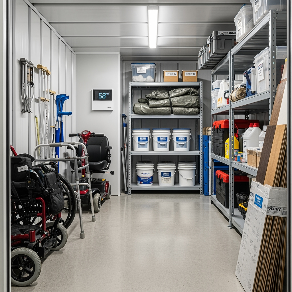 Climate-controlled storage unit with organized mobility equipment