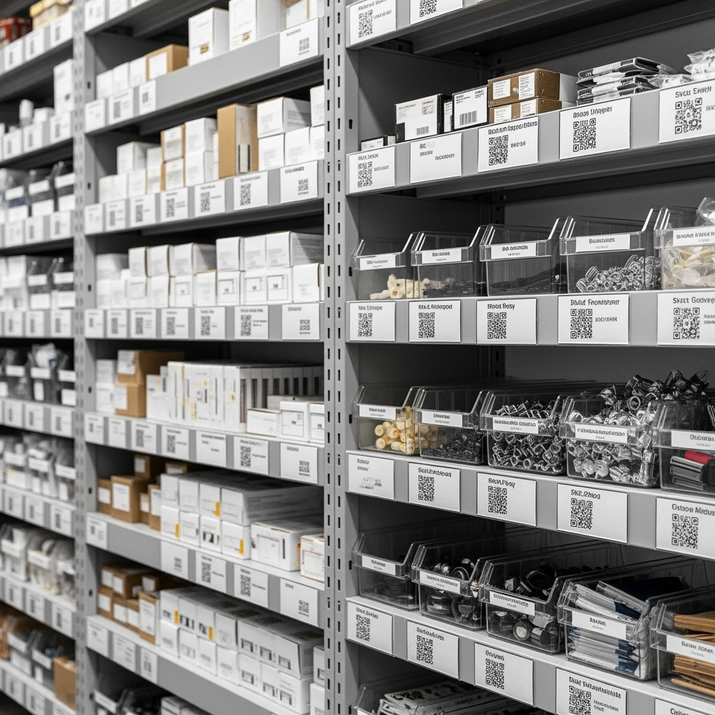 Organized storage shelves with clear labeling systems for business inventory