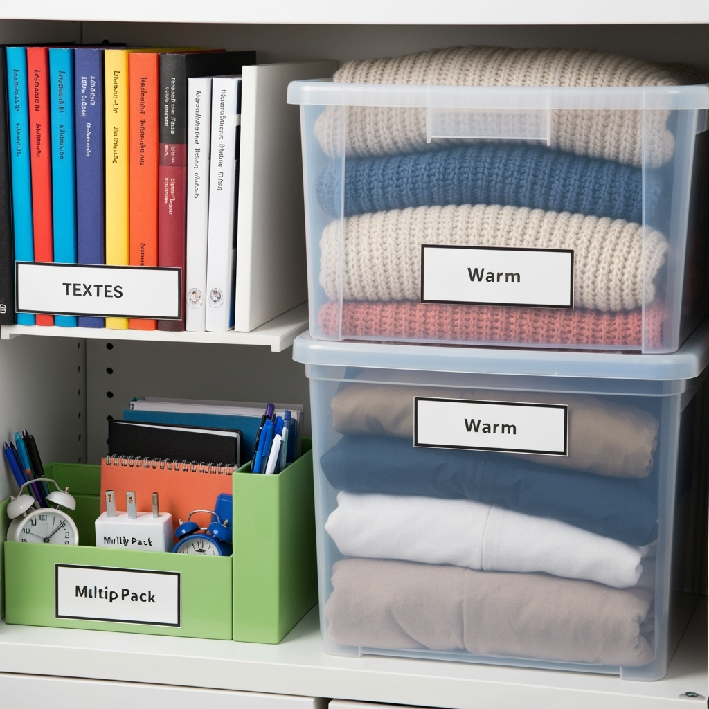 Organized storage unit with college essentials and winter items