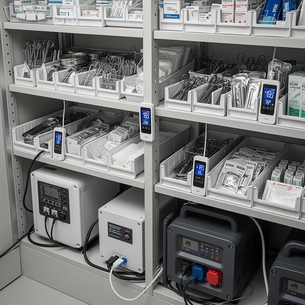 Medical equipment and supplies with temperature monitoring devices in storage
